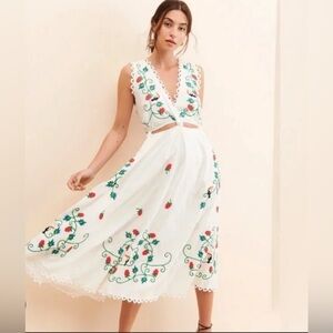 FARM Rio Red and Blue Tie Front Sleeveless Midi Sundress